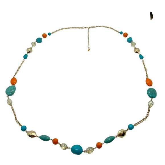 Funky Necklace Women's Multicolor Gold Tone Faux Stone Retro Orange Turquoise - Picture 1 of 16